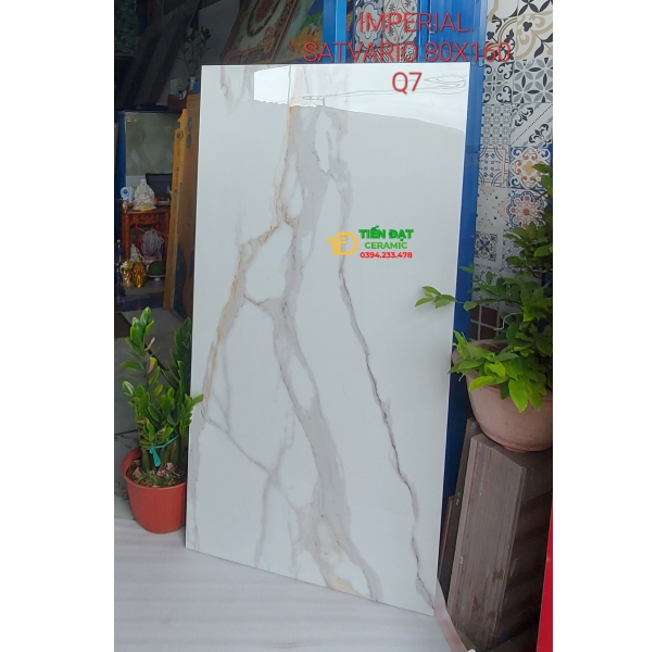 Gạch Bóng Kiếng Ấn Độ 80x160 Trắng Vân Vàng Vi Tinh