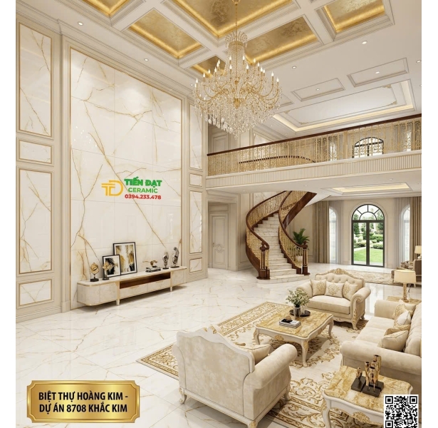 Gạch Lót Nền Phòng Khách 80x80 Trắng Vàng Kim Tuyến