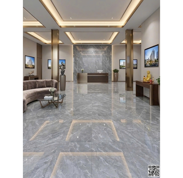 Gạch Vicenza Ốp Lát Phòng Khách 60x120 Bóng Kiếng Vân Xám Giả Đá 